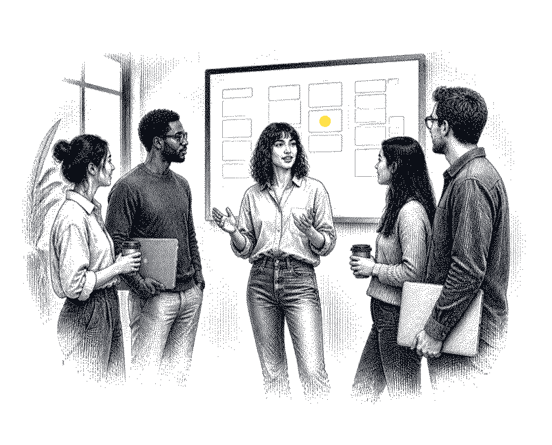 Drawing: an engineering team at a morning stand-up, with one card on their board marked in yellow